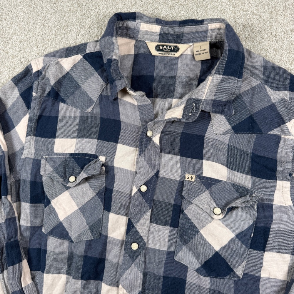 Salt Valley Western Shirt Mens Large Blue Plaid Pearl Snap Long Sleeve Cotton